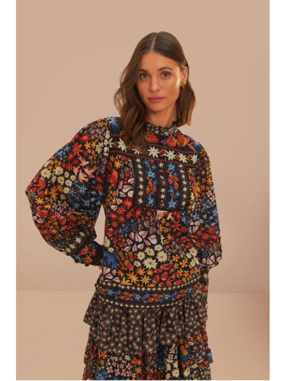 Farm Rio - Black Jujus Garden Blouse Size S, Black Multi-color - DTE